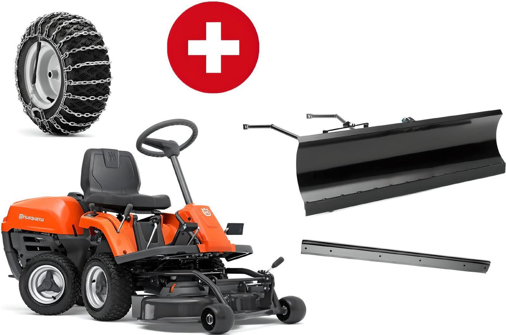 Husqvarna R 112C mit Mähdeck Combi 85 – Winterpaket mit Schneeschild, Gummileiste und Schneeketten – Modell 2025