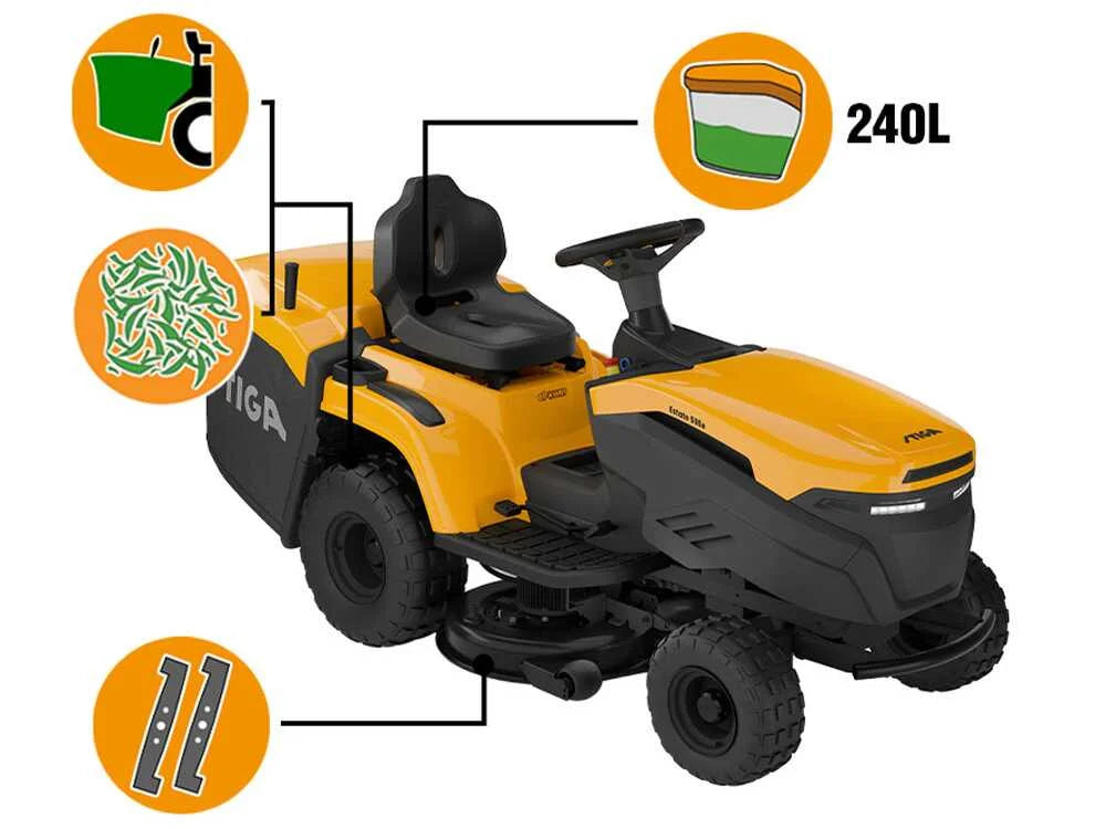 Stiga Estate 598e Akku-Rasentraktor – 98 cm Schnittbreite – Automatisch – Fangkorb 240 l