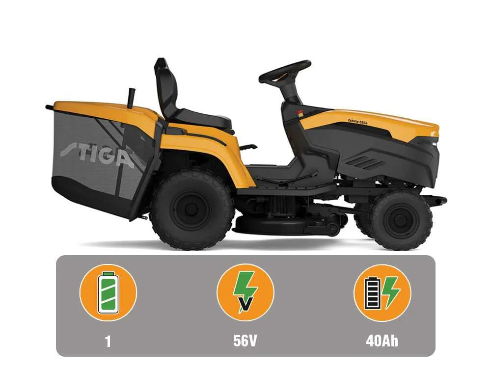 Stiga Estate 598e Akku-Rasentraktor – 98 cm Schnittbreite – Automatisch – Fangkorb 240 l